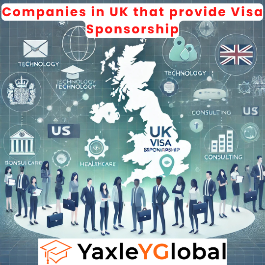 "Illustration depicting UK visa sponsorship for international graduates with diverse professionals in technology, finance, healthcare, and consulting sectors against a UK-themed background, symbolizing career opportunities for global talent."