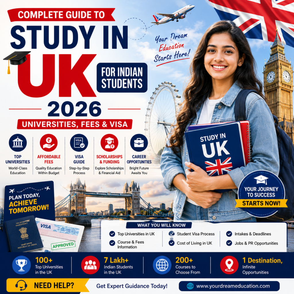Study in UK 2026 guide for Indian students covering universities, fees, scholarships, and visa process.